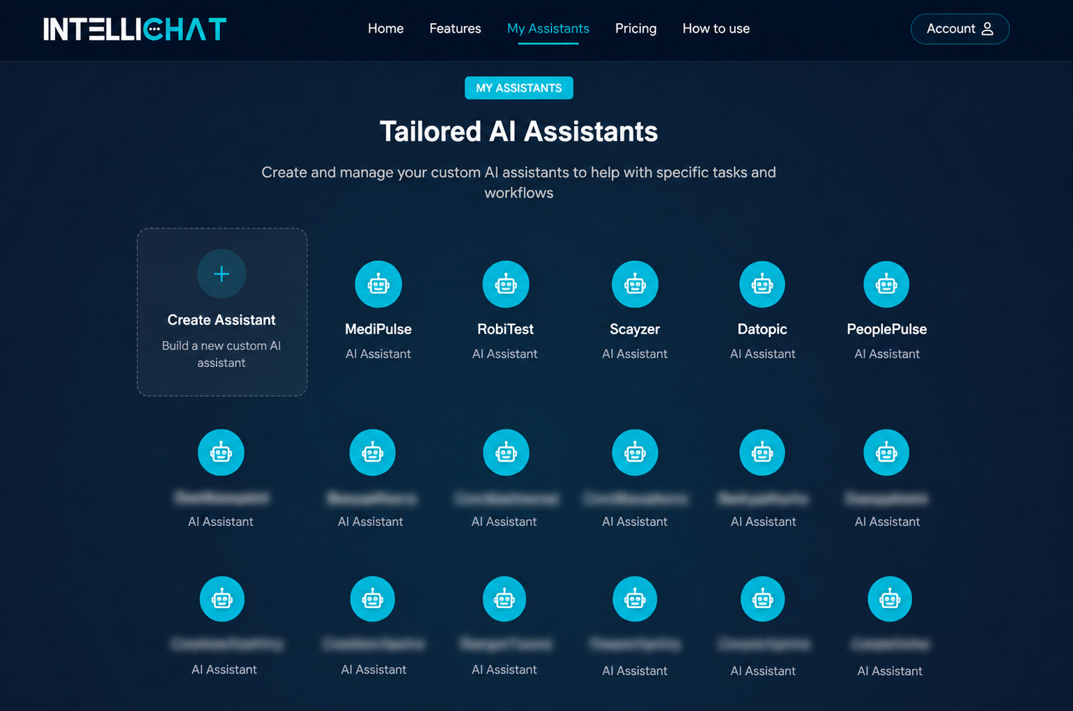 IntelliChat My Assistants dashboard showing tailored AI assistants