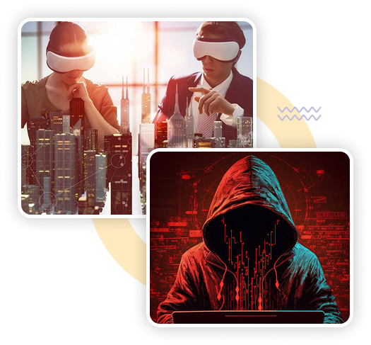 QuaMeet security collage — VR collaboration and cyber threat imagery
