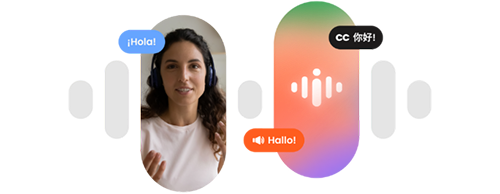QuaMeet AI graphic — portrait with audio waveform and transcription labels
